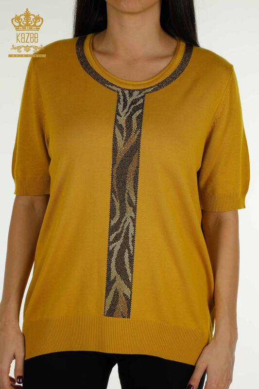 Wholesale Women's Knitwear Sweater Leopard Stone Embroidered Saffron - 30324 | KAZEE