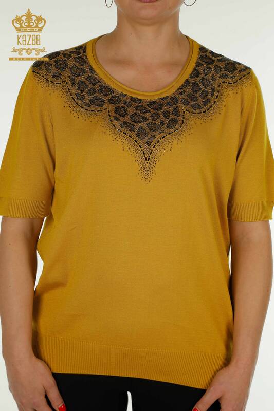 Wholesale Women's Knitwear Sweater Leopard Stone Embroidered Saffron - 30329 | KAZEE