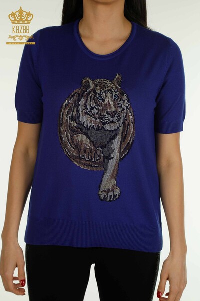 Wholesale Women's Knitwear Sweater Leopard Stone Embroidered Saks - 30747 | KAZEE - Thumbnail