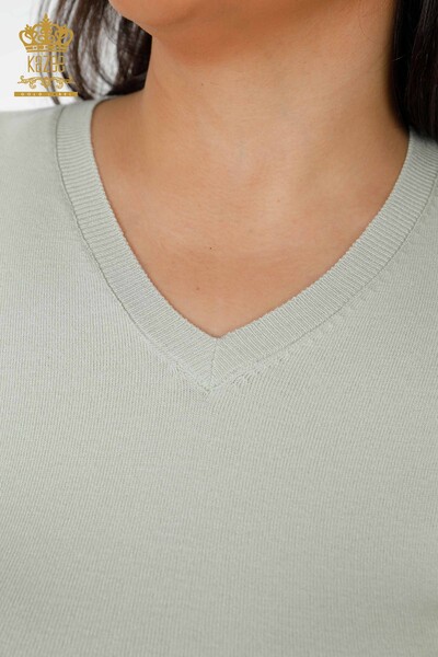Wholesale Women's Knitwear Sweater Logo V Neck Open Mint - 15685 | KAZEE - Thumbnail
