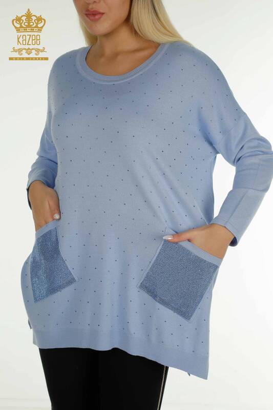 Wholesale Women's Knitwear Sweater Long Sleeve Blue - 30624 | KAZEE