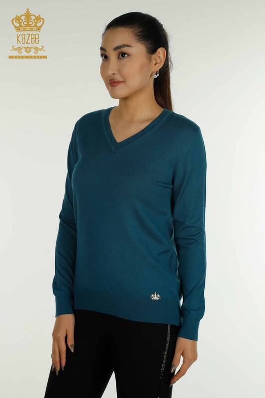 Wholesale Women's Knitwear Sweater Long Sleeve Petrol - 11071 | KAZEE