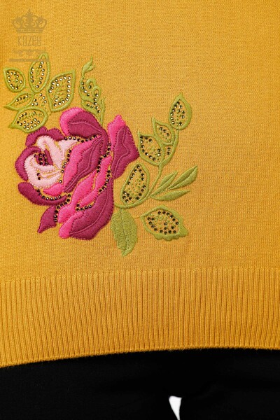 Wholesale Women's Knitwear Sweater Long Sleeve Rose Patterned Stone Embroidery - 16846 | KAZEE - Thumbnail