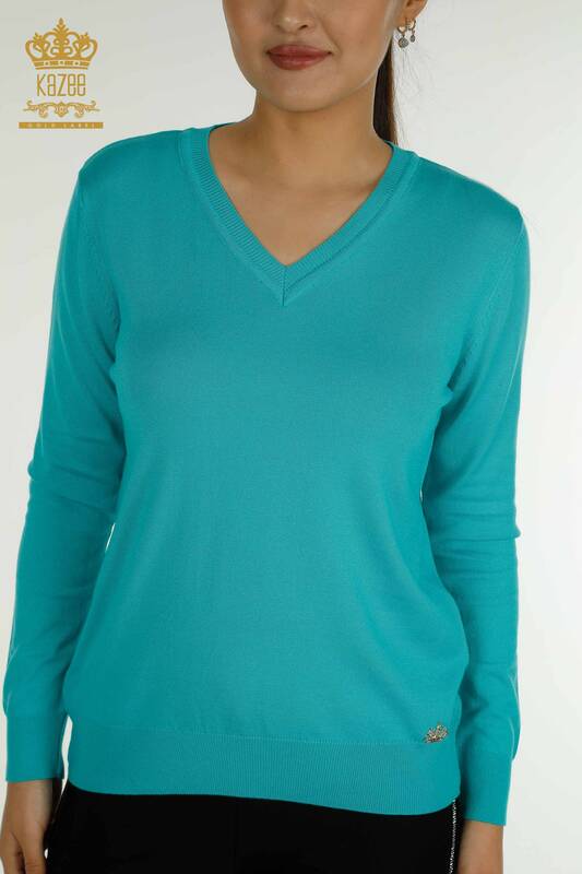 Wholesale Women's Knitwear Sweater Long Sleeve Turquoise - 11071 | KAZEE