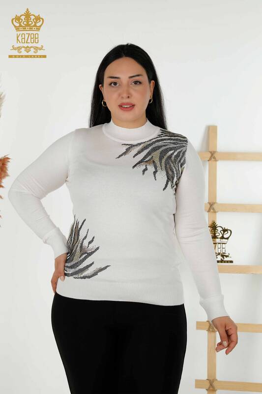 Wholesale Women's Knitwear Sweater - Patterned - Ecru - 30005 | KAZEE