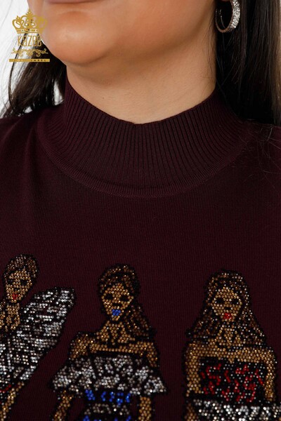 Wholesale Women's Knitwear Sweater Patterned Plum - 16911 | KAZEE - Thumbnail