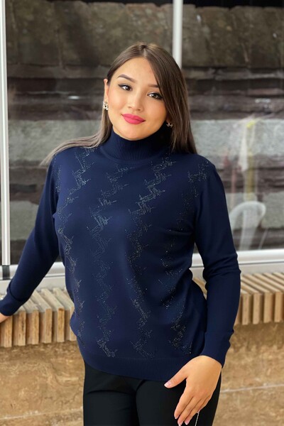 Wholesale Women's Knitwear Sweater Patterned Stand Embroidered Collar - 16606 | KAZEE - Thumbnail