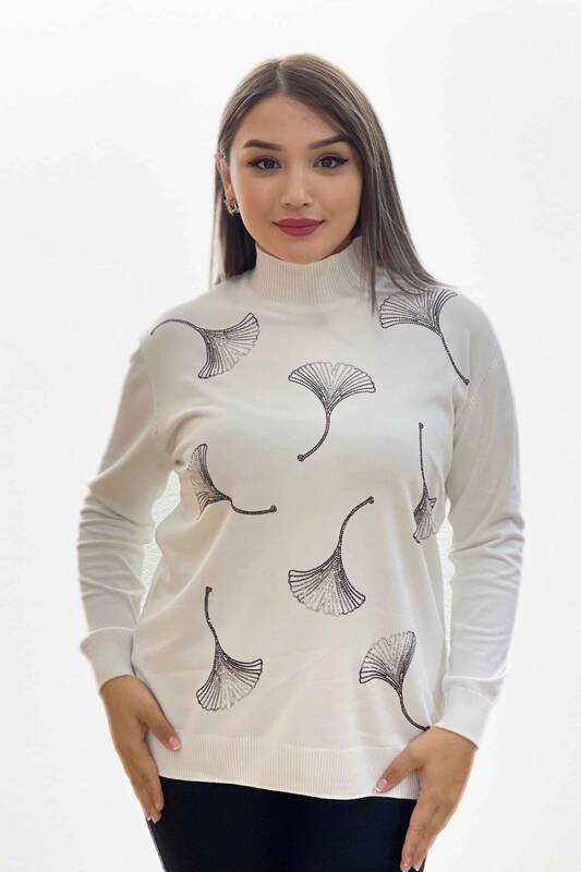 Wholesale Women's Knitwear Sweater Patterned Stand Up Collar Embroidered - 16608 | KAZEE