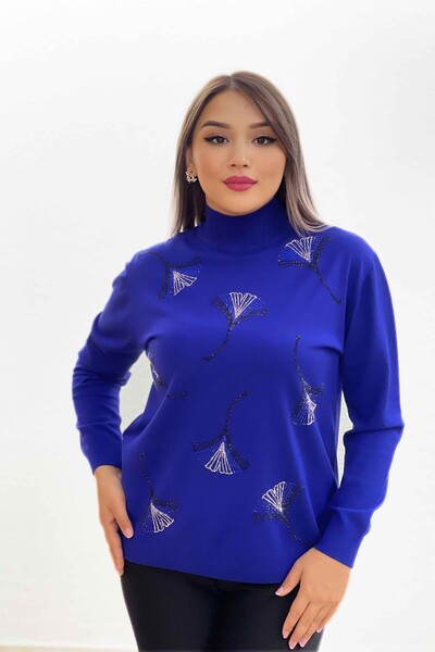 Wholesale Women's Knitwear Sweater Patterned Stand Up Collar Embroidered - 16608 | KAZEE - Thumbnail