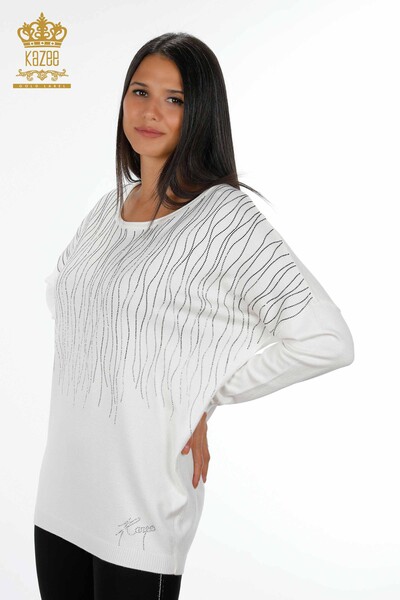Wholesale Women's Knitwear Sweater Patterned Striped Stone Embroidered - 16611 | KAZEE - Thumbnail
