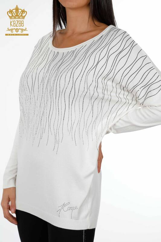Wholesale Women's Knitwear Sweater Patterned Striped Stone Embroidered - 16611 | KAZEE