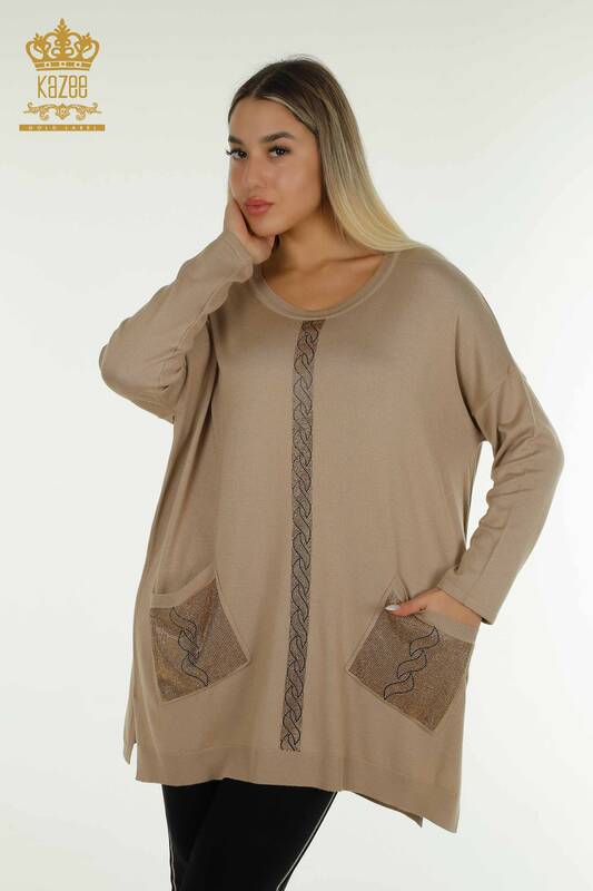 Wholesale Women's Knitwear Sweater with Pocket Detail Beige - 30622 | KAZEE