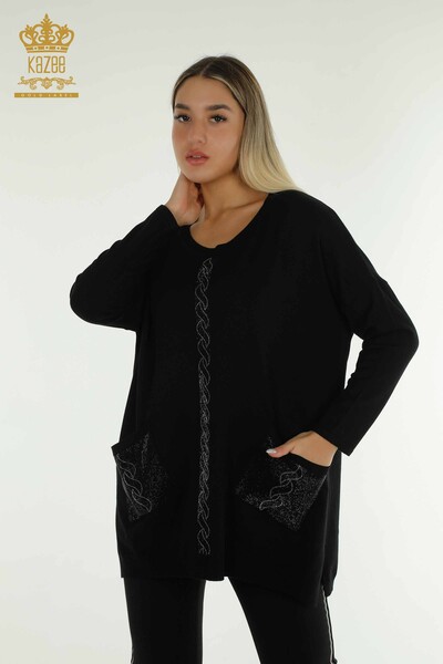 Wholesale Women's Knitwear Sweater with Pocket Detail Black - 30622 | KAZEE - Thumbnail
