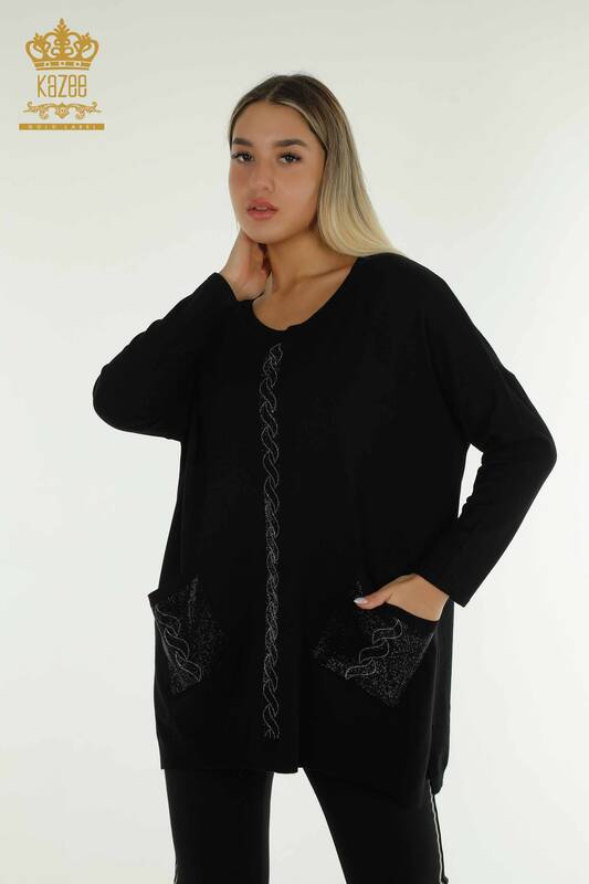 Wholesale Women's Knitwear Sweater with Pocket Detail Black - 30622 | KAZEE