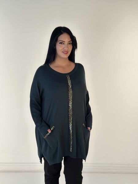 Wholesale Women's Knitwear Sweater Pocket Detailed Stone Embroidered Leopard Patterned Crew Neck Khaki - 30621 | KAZEE 