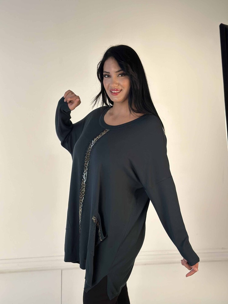 Wholesale Women's Knitwear Sweater Pocket Detailed Stone Embroidered Leopard Patterned Crew Neck Khaki - 30621 | KAZEE - 3