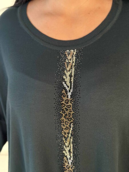 Wholesale Women's Knitwear Sweater Pocket Detailed Stone Embroidered Leopard Patterned Crew Neck Khaki - 30621 | KAZEE - 4