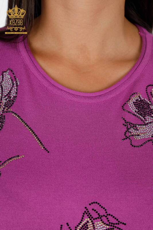 Wholesale Women's Knitwear Rose Patterned Short Sleeve Stone Embroidery - 16908 | KAZEE