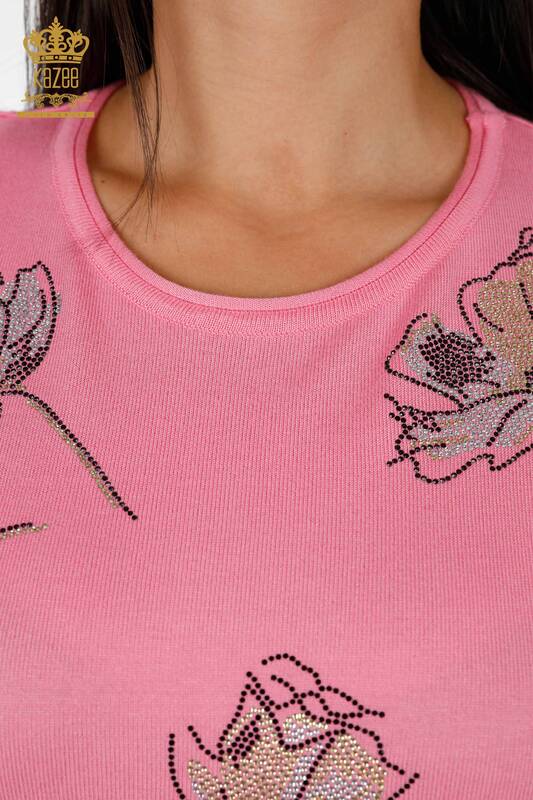Wholesale Women's Knitwear Rose Patterned Short Sleeve Stone Embroidery - 16908 | KAZEE