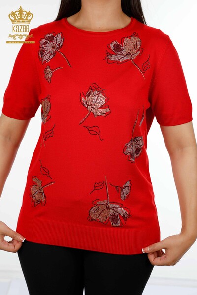 Wholesale Women's Knitwear Rose Patterned Short Sleeve Stone Embroidery - 16908 | KAZEE - Thumbnail
