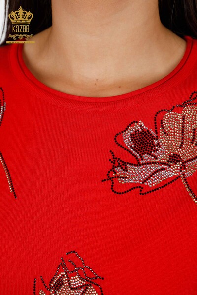 Wholesale Women's Knitwear Rose Patterned Short Sleeve Stone Embroidery - 16908 | KAZEE - Thumbnail