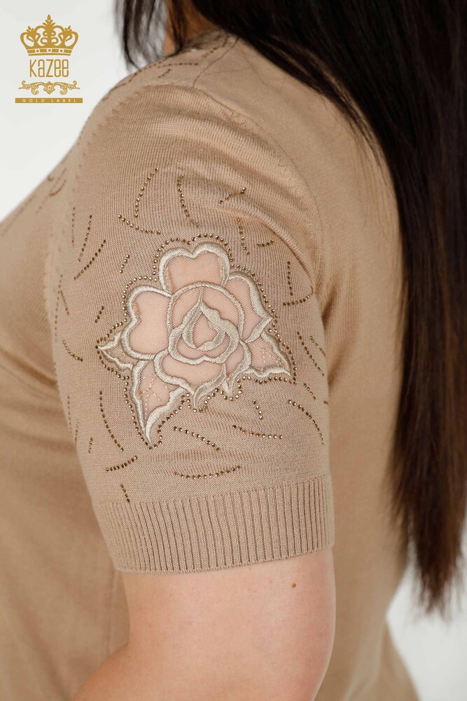 Wholesale Women's Knitwear Sweater Rose Patterned Beige - 16845 | KAZEE - 5