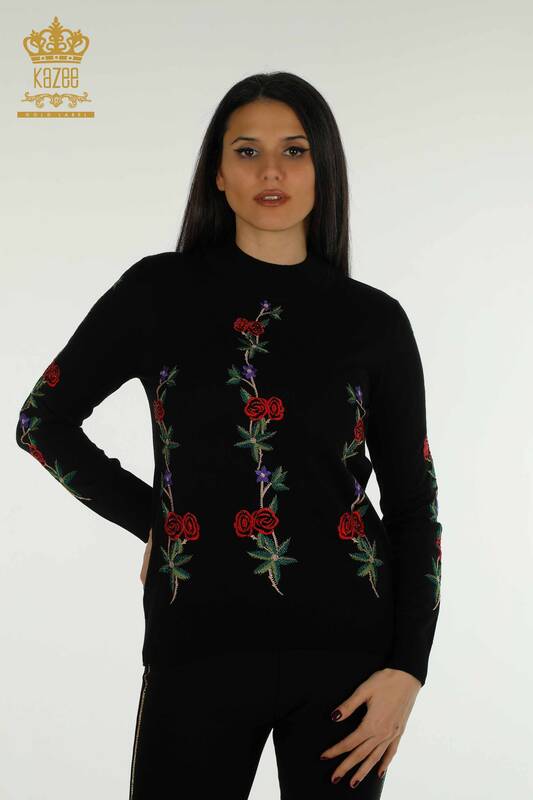Wholesale Women's Knitwear Sweater Rose Patterned Black - 16285 | KAZEE