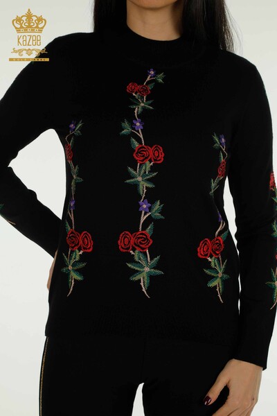 Wholesale Women's Knitwear Sweater Rose Patterned Black - 16285 | KAZEE - Thumbnail