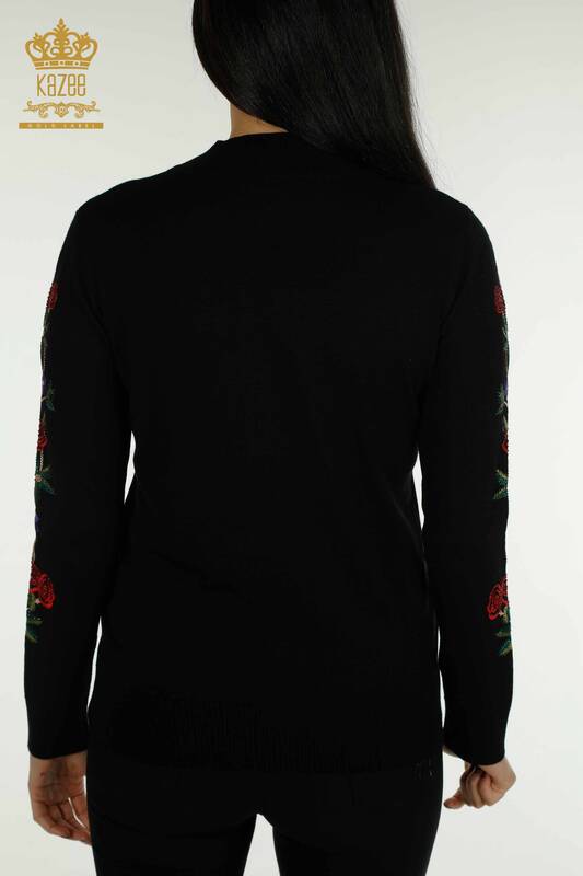 Wholesale Women's Knitwear Sweater Rose Patterned Black - 16285 | KAZEE