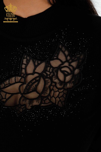 Wholesale Women's Knitwear Sweater Rose Pattern Black - 16832 | KAZEE - 3