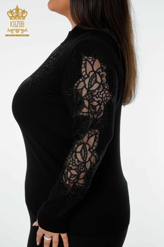 Wholesale Women's Knitwear Sweater Rose Pattern Black - 16832 | KAZEE - 5