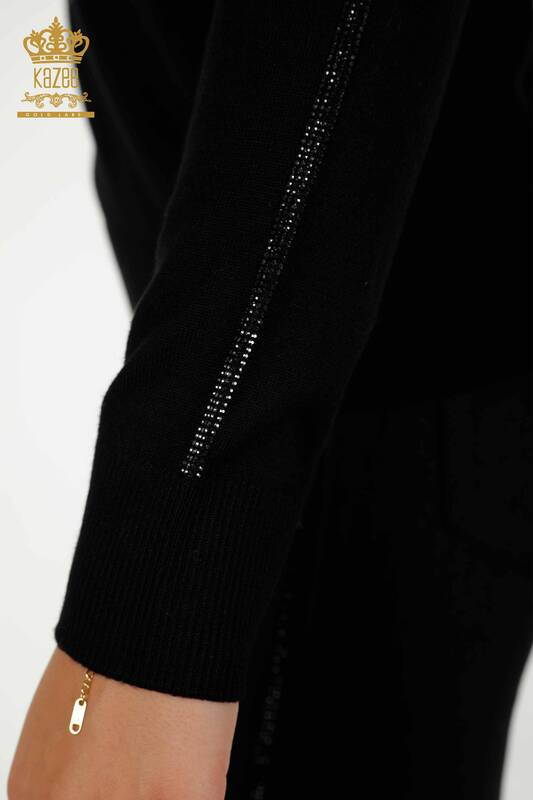 Wholesale Women's Knitwear Sweater Rose Patterned Black - 30448 | KAZEE