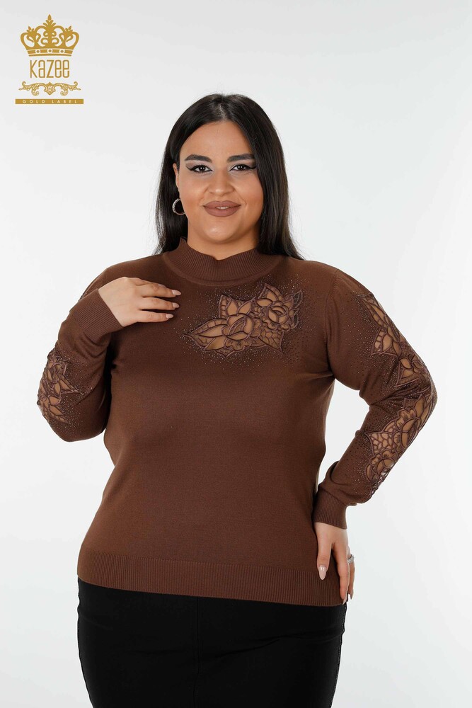 Wholesale Women's Knitwear Sweater Rose Patterned Brown - 16832 | KAZEE - 1