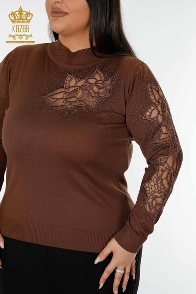 Wholesale Women's Knitwear Sweater Rose Patterned Brown - 16832 | KAZEE - 2