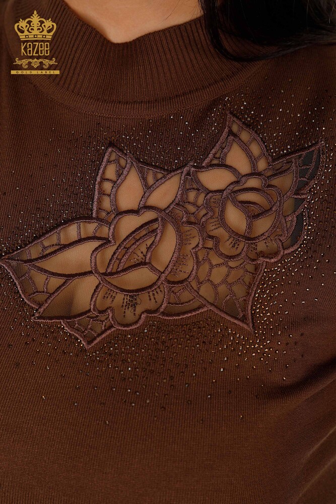 Wholesale Women's Knitwear Sweater Rose Patterned Brown - 16832 | KAZEE - 3
