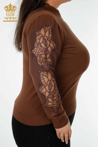 Wholesale Women's Knitwear Sweater Rose Patterned Brown - 16832 | KAZEE - 7