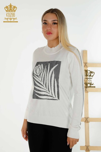 Wholesale Women's Knitwear Sweater Rose Patterned Ecru - 30448 | KAZEE - Thumbnail