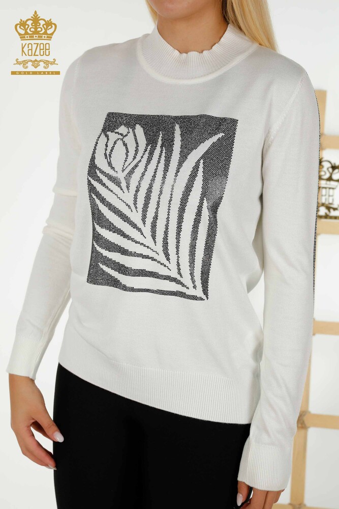 Wholesale Women's Knitwear Sweater Rose Patterned Ecru - 30448 | KAZEE - 2