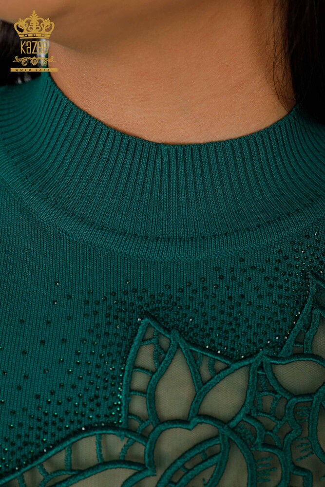 Wholesale Women's Knitwear Sweater Rose Patterned Green - 16832 | KAZEE - 4
