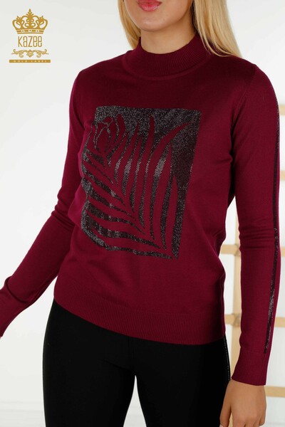 Wholesale Women's Knitwear Sweater Rose Patterned Purple - 30448 | KAZEE - Thumbnail