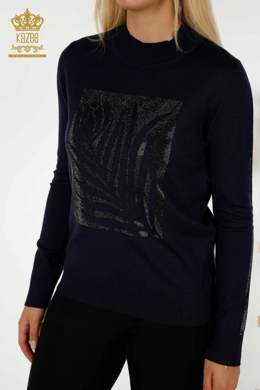 Wholesale Women's Knitwear Sweater Rose Patterned Navy Blue - 30448 | KAZEE