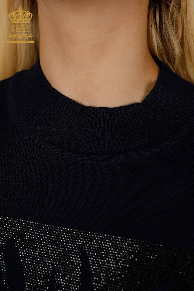 Wholesale Women's Knitwear Sweater Rose Patterned Navy Blue - 30448 | KAZEE - 4