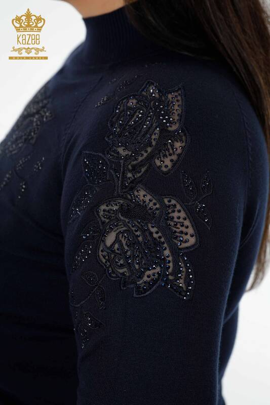 Wholesale Women's Knitwear Sweater Rose Patterned Navy - 14752 | KAZEE