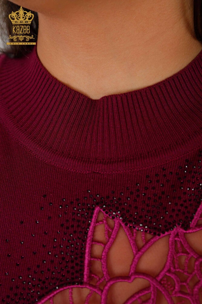 Wholesale Women's Knitwear Sweater Rose Patterned Purple - 16832 | KAZEE - 4