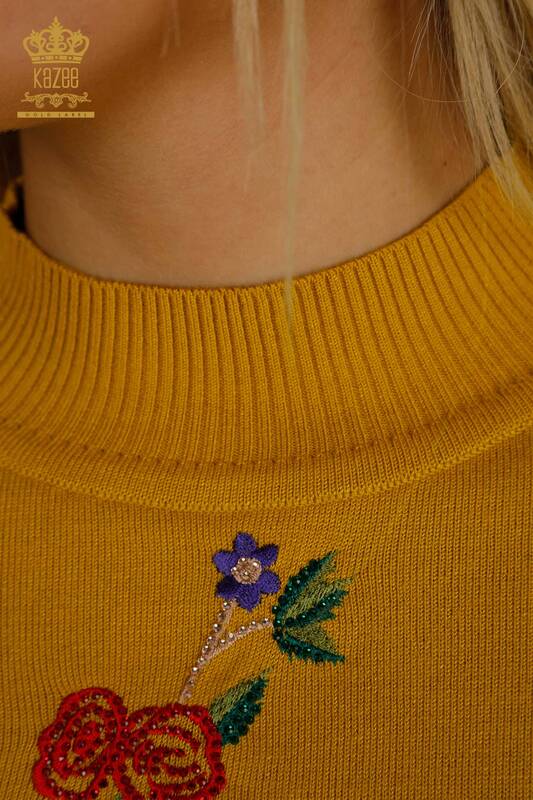 Wholesale Women's Knitwear Sweater Rose Patterned Saffron - 16285 | KAZEE
