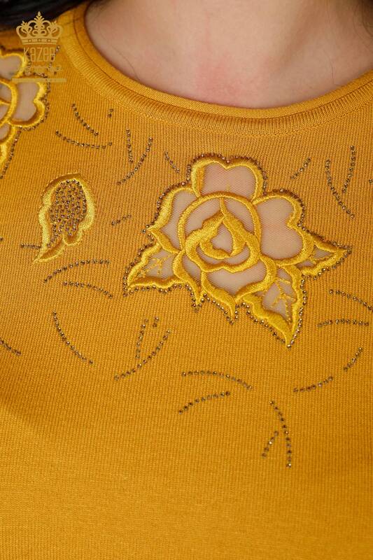 Wholesale Women's Knitwear Sweater Rose Patterned Saffron - 16845 | KAZEE