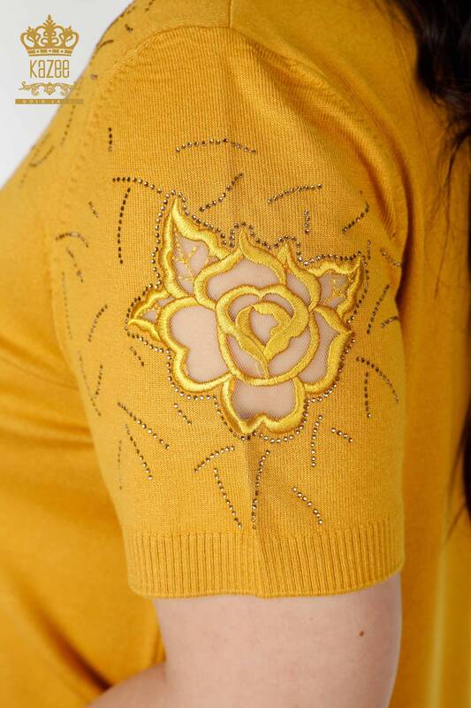 Wholesale Women's Knitwear Sweater Rose Patterned Saffron - 16845 | KAZEE