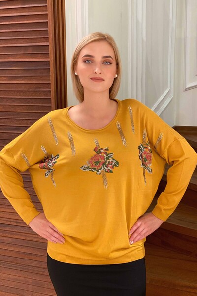 Wholesale Women's Knitwear Sweater Rose Patterned Stone Embroidered - 16479 | KAZEE - Thumbnail