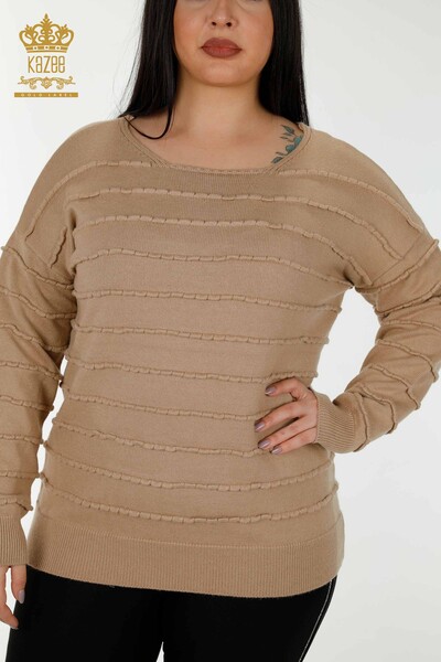 Wholesale Women's Knitwear Sweater Self Woven Beige - 30169 | KAZEE - Thumbnail