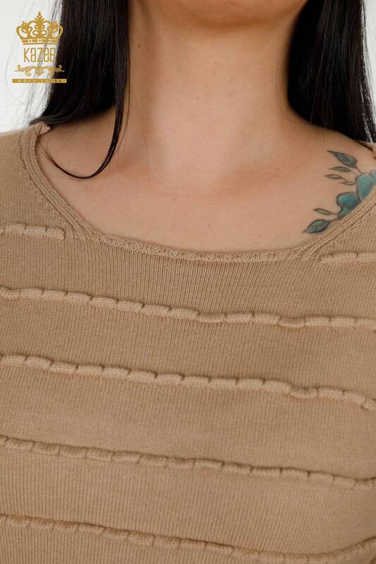 Wholesale Women's Knitwear Sweater Self Woven Beige - 30169 | KAZEE